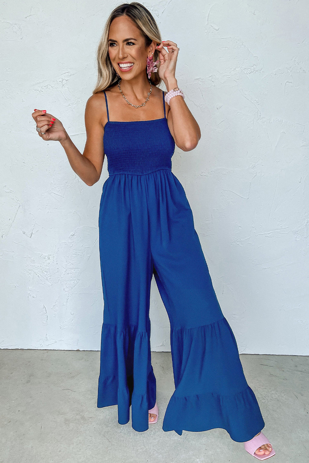 Smocked Ruffled Wide Leg Jumpsuit