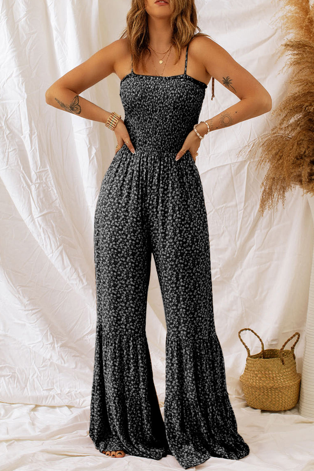 Black Khaki Thin Straps Smocked Bodice Wide Leg Floral Jumpsuit