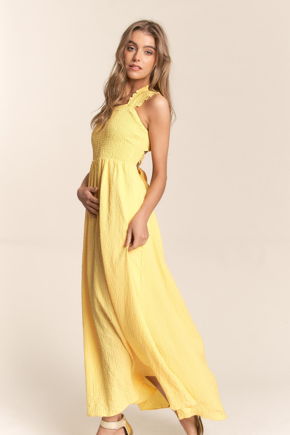 Crisscross Back Tie Smocked Maxi Dress