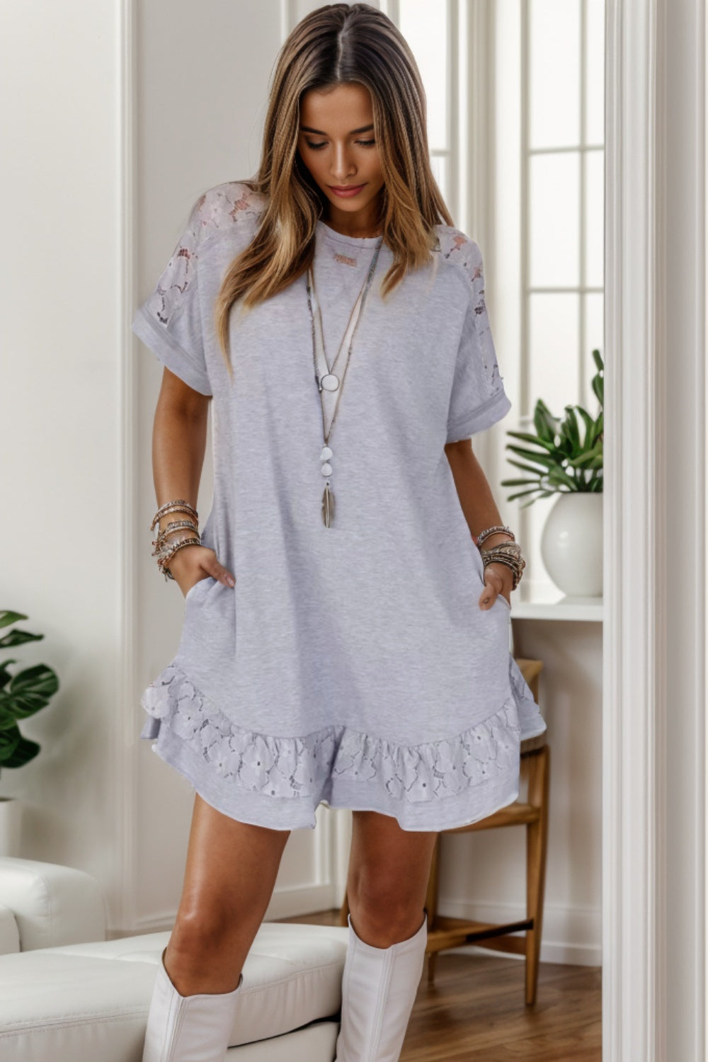 Lace Round Neck Short Sleeve Dress