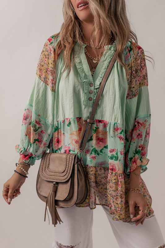 Floral Frill Trim Buttoned Notched Tiered Blouse