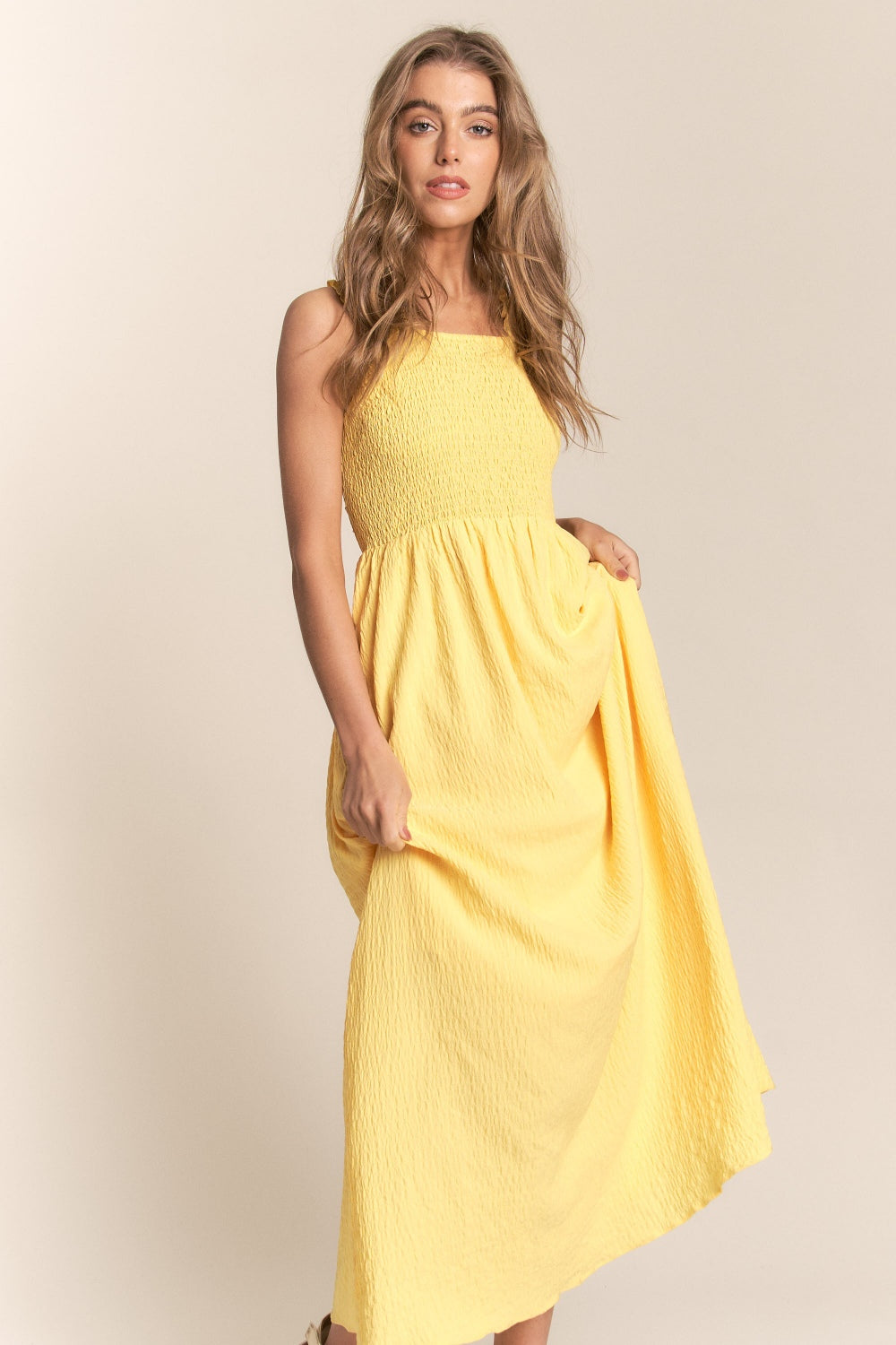 Crisscross Back Tie Smocked Maxi Dress