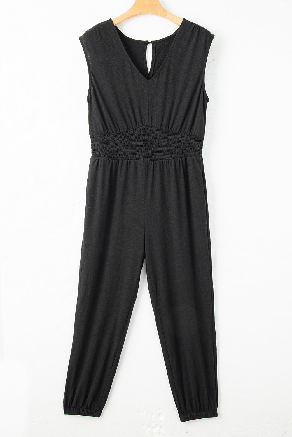 Black Plus Smocked High Waist Sleeveless V Neck Jumpsuit