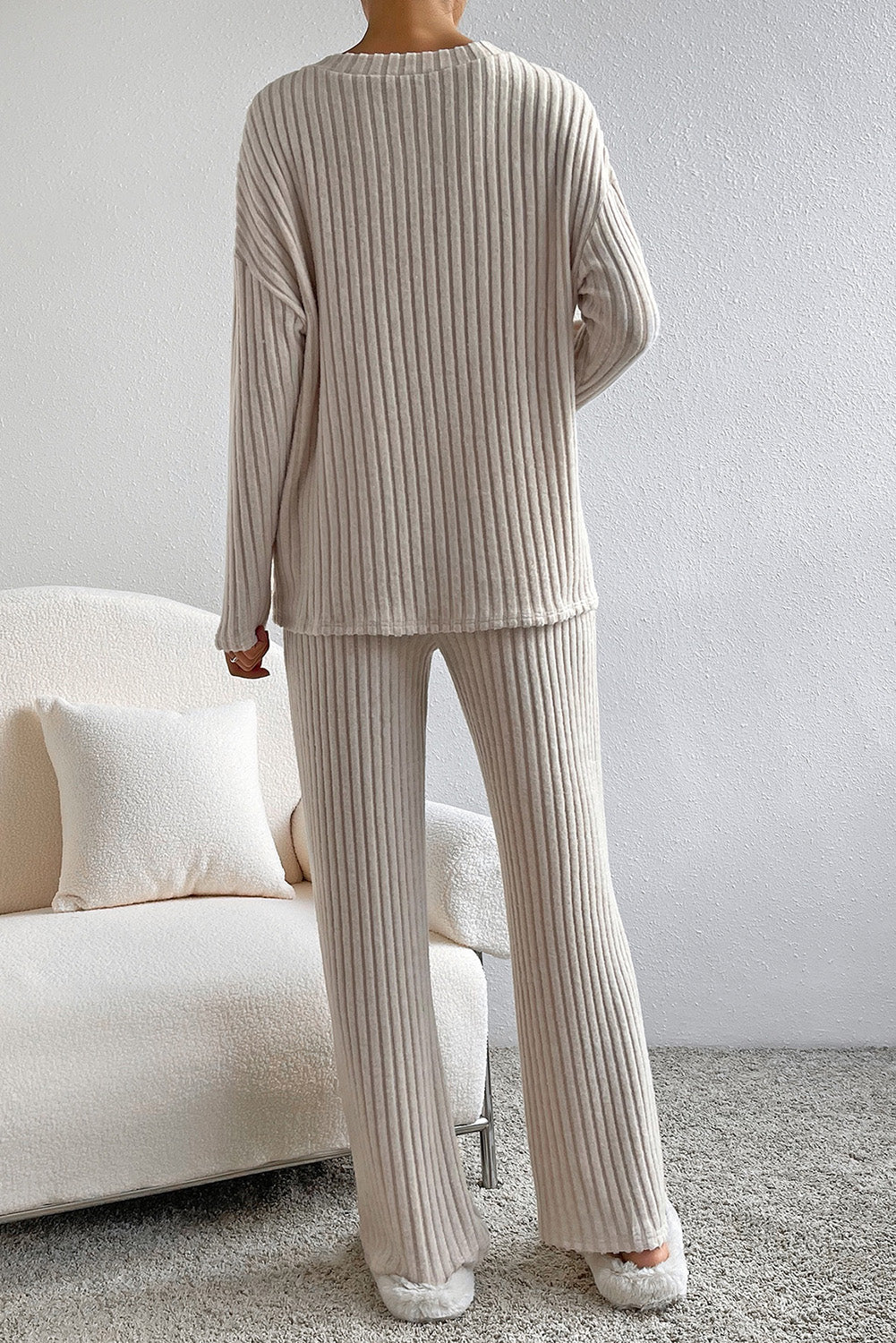 Plus Size Ribbed V Neck Pullover and Pants Set