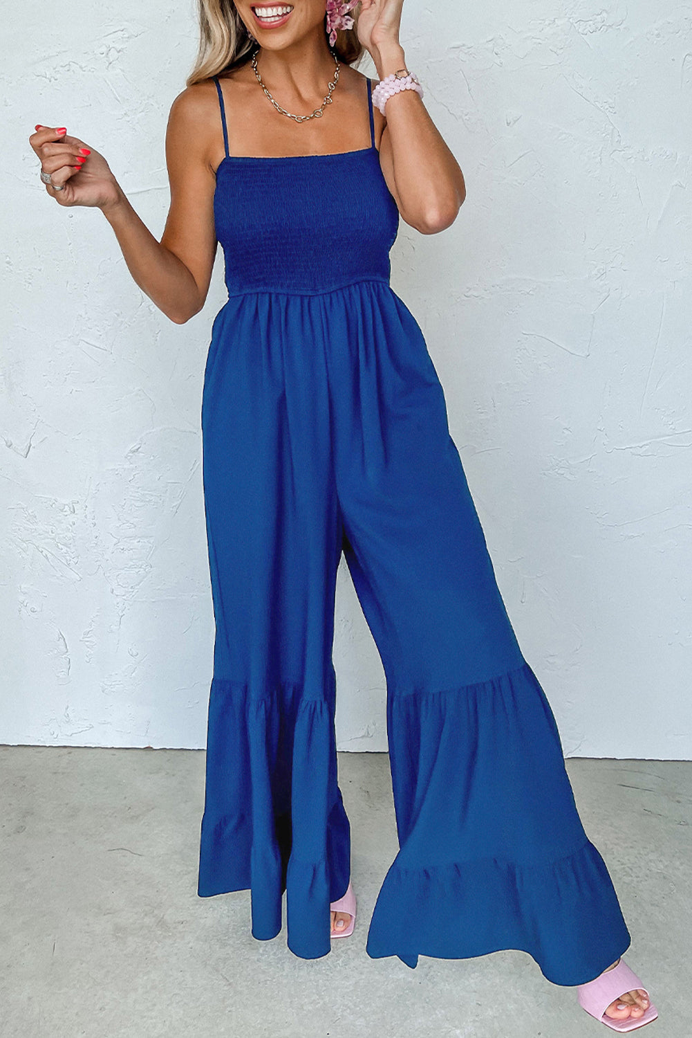 Smocked Ruffled Wide Leg Jumpsuit